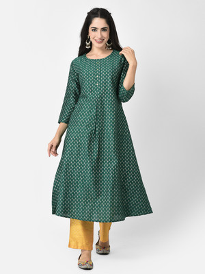 Span Women Self Design A-line Kurta(Green)