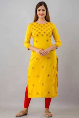 GODWEEN Women Printed Straight Kurta(Yellow)