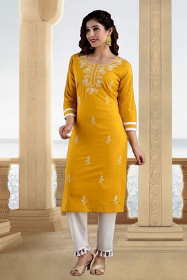 HouseOfCommon Women Chikan Embroidery Straight Kurta(Yellow)