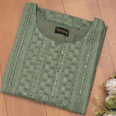 Felopie Women Chikan Embroidery A-line Kurta(Green)