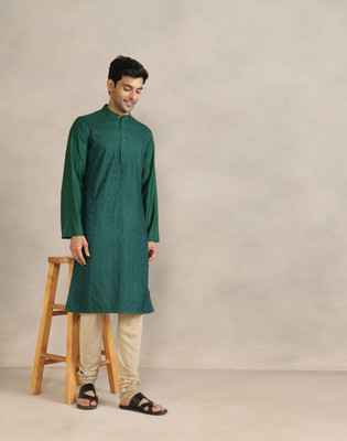 Fabindia Men Embroidered Straight Kurta(Green)