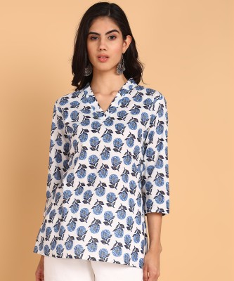 Blocks Of India Women Floral Print Cape Top Kurta(Blue, White)