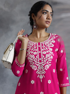 LIBAS Women Embroidered Straight Kurta(Pink)