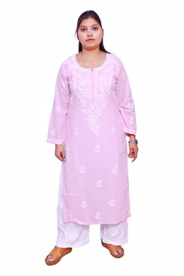 Ahl cration Women Chikan Embroidery A-line Kurta(Pink)