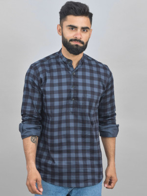 QuaClo Men Checkered Straight Kurta(Blue)