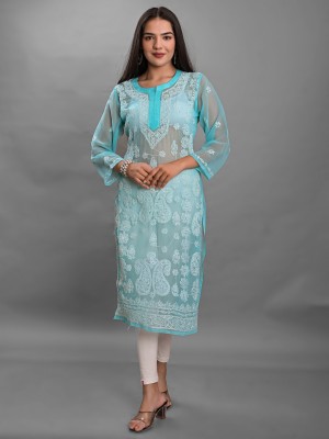 Apratim Women Embroidered Straight Kurta(Light Blue)