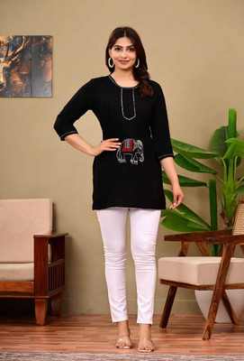 AMAN FASHION Women Printed Straight Kurta(Black)