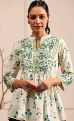 CLOTHI FAB Women Printed Flared Kurta(White)