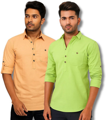 CROWNTAIL Men Solid Straight Kurta(Orange, Light Green)