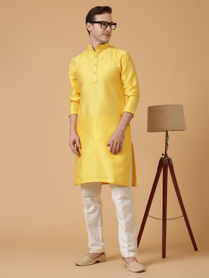DIVINE Men Self Design Flared Kurta(Yellow)