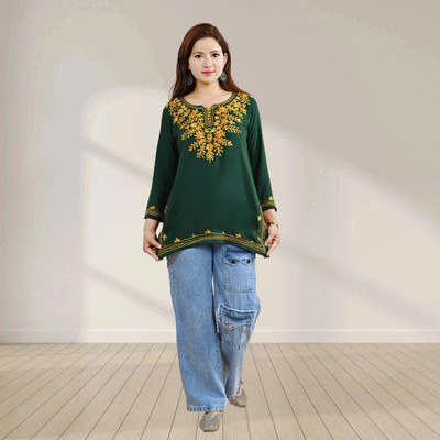 OheeKurti Women Embroidered Straight Kurta(Green)