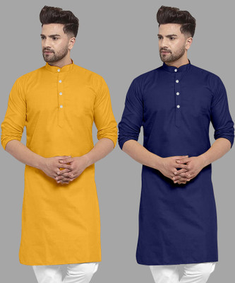 UDANIENTERPRISE Men Solid Straight Kurta(Dark Blue, Yellow)