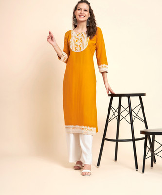 vairagee Women Embroidered Straight Kurta(Yellow)