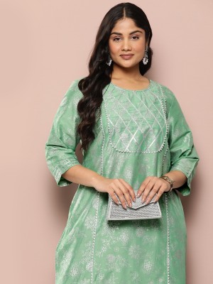 Sztori Women Floral Print Straight Kurta(Green)