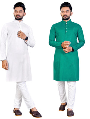 Krudha Men Woven Design Straight Kurta(White, Green)
