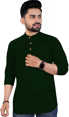 Navkanj Men Solid Asymmetric Kurta(Green)