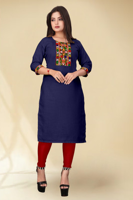 dhanshree tex Women Embroidered A-line Kurta(Dark Blue)