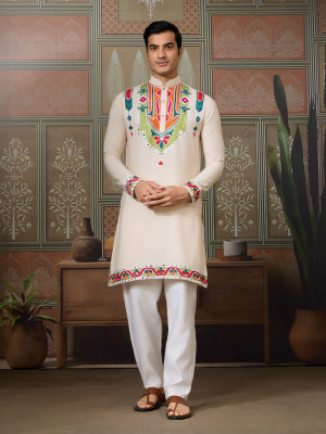 odette Men Embroidered Straight Kurta(Beige)