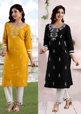 SISTO Women Chikan Embroidery A-line Kurta(Yellow, Black)