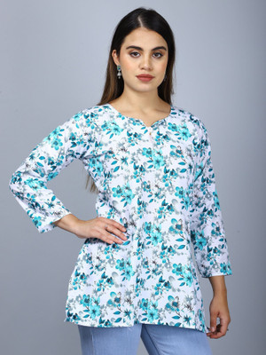 FaeebFashion Women Floral Print, Printed Tunic Kurta(Blue, White)