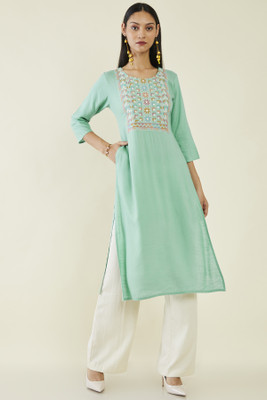 soch Women Embroidered Straight Kurta(Green)