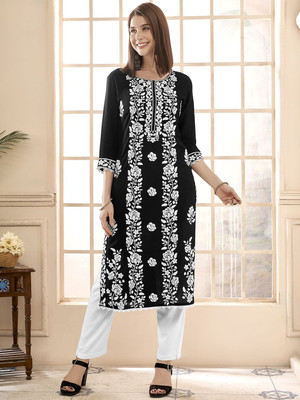 ANOUK Women Floral Print Straight Kurta(Black)