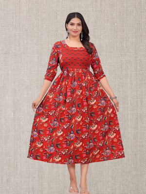 HouseOfCommon Women Floral Print Anarkali Kurta(Red)