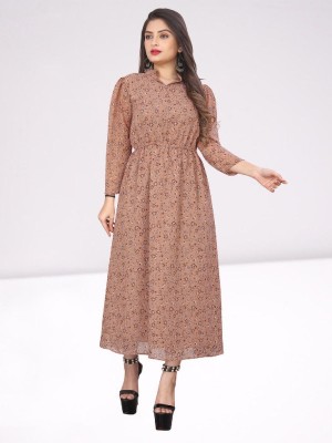 dharmanandan creation Women Printed Gown Kurta(Brown)