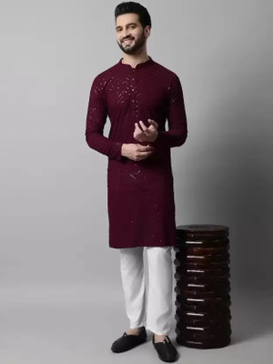 RAG Solutions Men Chikan Embroidery Straight Kurta(Maroon)