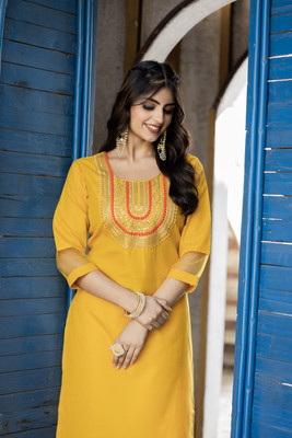 FAIRYPINK Women Embroidered Straight Kurta(Yellow)