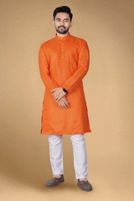 DVILLA ENTERPRISE Men Solid Straight Kurta(Orange)