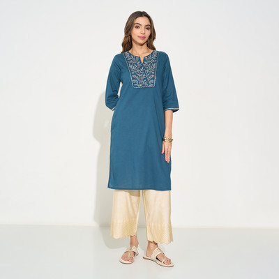 Rangmanch by Pantaloons Women Embroidered A-line Kurta(Blue)