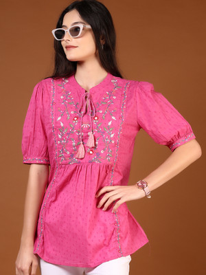 V-MART Women Self Design A-line Kurta(Pink)