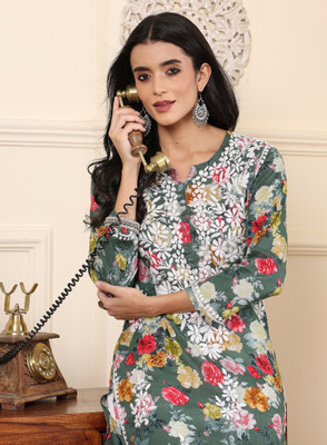 SIMNDER Women Chikan Embroidery A-line Kurta(Dark Green)