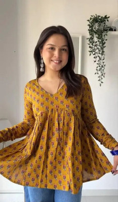 SRP Enterprises Women Printed Flared Kurta(Yellow)