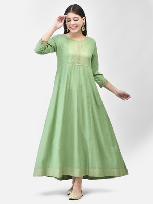Span Women Self Design A-line Kurta(Light Green, Gold)