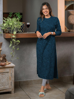 varni creations Women Abstract Straight Kurta(Dark Blue)