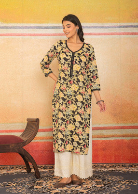 Label Adrija Women Floral Print A-line Kurta(Black, Multicolor)