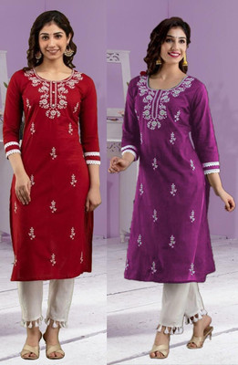 HouseOfCommon Women Embroidered Straight Kurta(Multicolor)