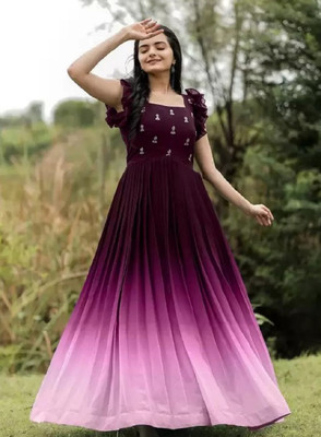 Lazzly Women Self Design, Printed Anarkali Kurta(Purple, White, Pink)