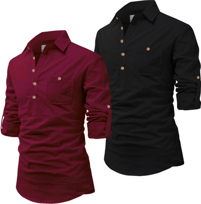 Univibe Men Solid Pathani Kurta(Black, Maroon)