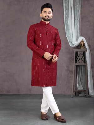 ZURIKA FASHION Men Embroidered Straight Kurta(Red)