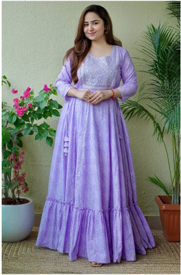 Daizen Women Embroidered Anarkali Kurta(Blue)
