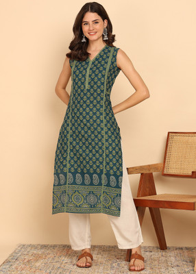 VBUYZ Women Floral Print Straight Kurta(Green)