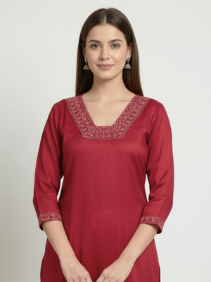 Suffi Women Embroidered Straight Kurta(Maroon)