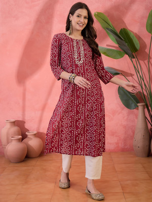 Sangria Women Printed A-line Kurta(Red)