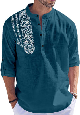 FOLGEN Men Printed Straight Kurta(Blue)