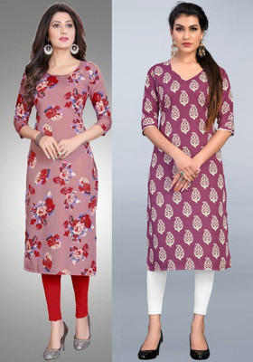 tanvi creation Women Striped, Printed Straight Kurta(Pink)