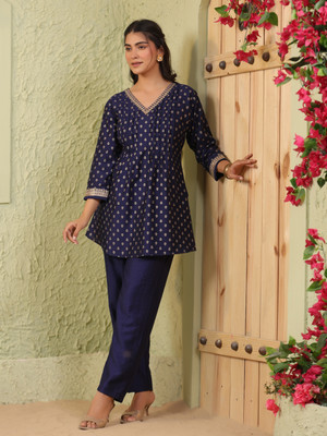 Span Women Printed A-line Kurta(Blue)