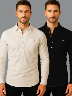 indirae Men Solid A-line Kurta(Beige)